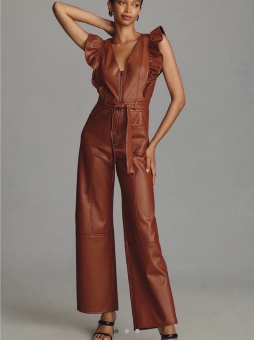 Sleeveless Ruffle V-Neck Faux Leather Jumpsuit in Brown